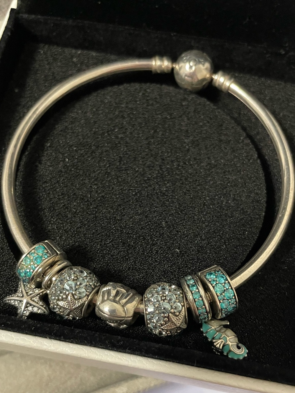 Pandora Sterling Silver Charm Bangle Bracelet with Turquoise Accent Beads